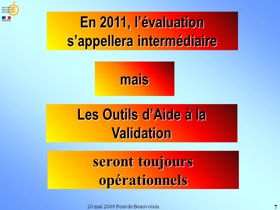 20 mai 2009 Pont de Beauvoisin 7 En 2011, lévaluation sappellera intermédiaire Les Outils dAide à la Validation mais seront toujours opérationnels
