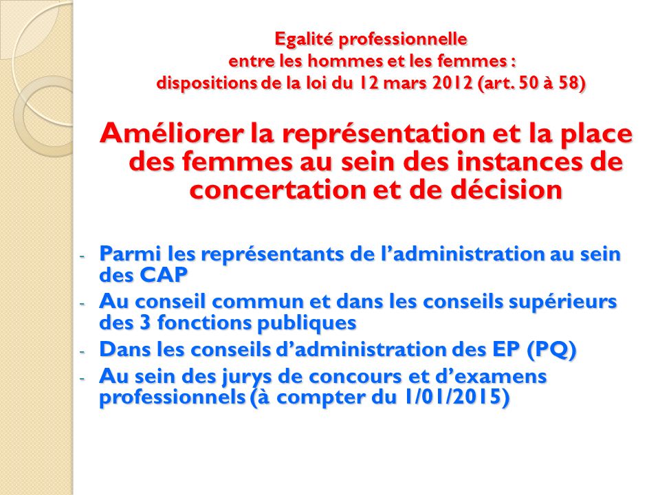 Egalité professionnelle entre les hommes et les femmes : dispositions de la loi du 12 mars 2012 (art.