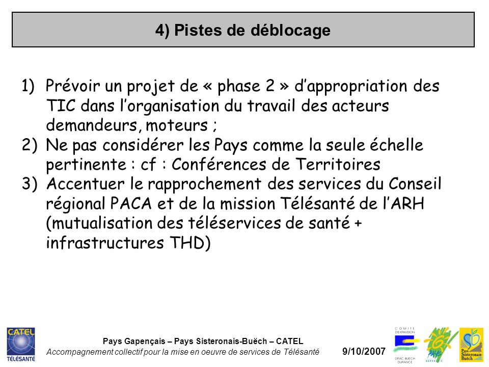 4) Pistes de déblocage Pays Gapençais – Pays Sisteronais-Buëch – CATEL Accompagnement collectif pour la mise en oeuvre de services de Télésanté 9/10/2007 1)Prévoir un projet de « phase 2 » dappropriation des TIC dans lorganisation du travail des acteurs demandeurs, moteurs ; 2)Ne pas considérer les Pays comme la seule échelle pertinente : cf : Conférences de Territoires 3)Accentuer le rapprochement des services du Conseil régional PACA et de la mission Télésanté de lARH (mutualisation des téléservices de santé + infrastructures THD)