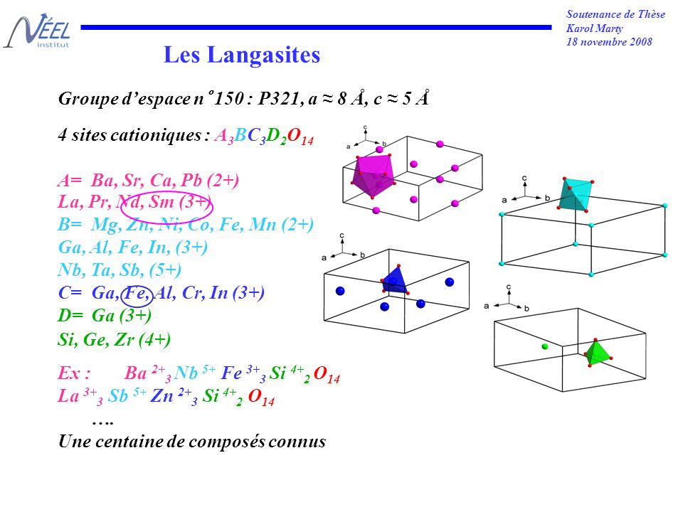 Soutenance de Thèse Karol Marty 18 novembre 2008 Groupe despace n° 150 : P321, a 8 Å, c 5 Å 4 sites cationiques : A 3 BC 3 D 2 O 14 A=Ba, Sr, Ca, Pb (2+) La, Pr, Nd, Sm (3+) B=Mg, Zn, Ni, Co, Fe, Mn (2+) Ga, Al, Fe, In, (3+) Nb, Ta, Sb, (5+) C=Ga, Fe, Al, Cr, In (3+) D=Ga (3+) Si, Ge, Zr (4+) Ex : Ba 2+ 3 Nb 5+ Fe 3+ 3 Si 4+ 2 O 14 La 3+ 3 Sb 5+ Zn 2+ 3 Si 4+ 2 O 14 ….