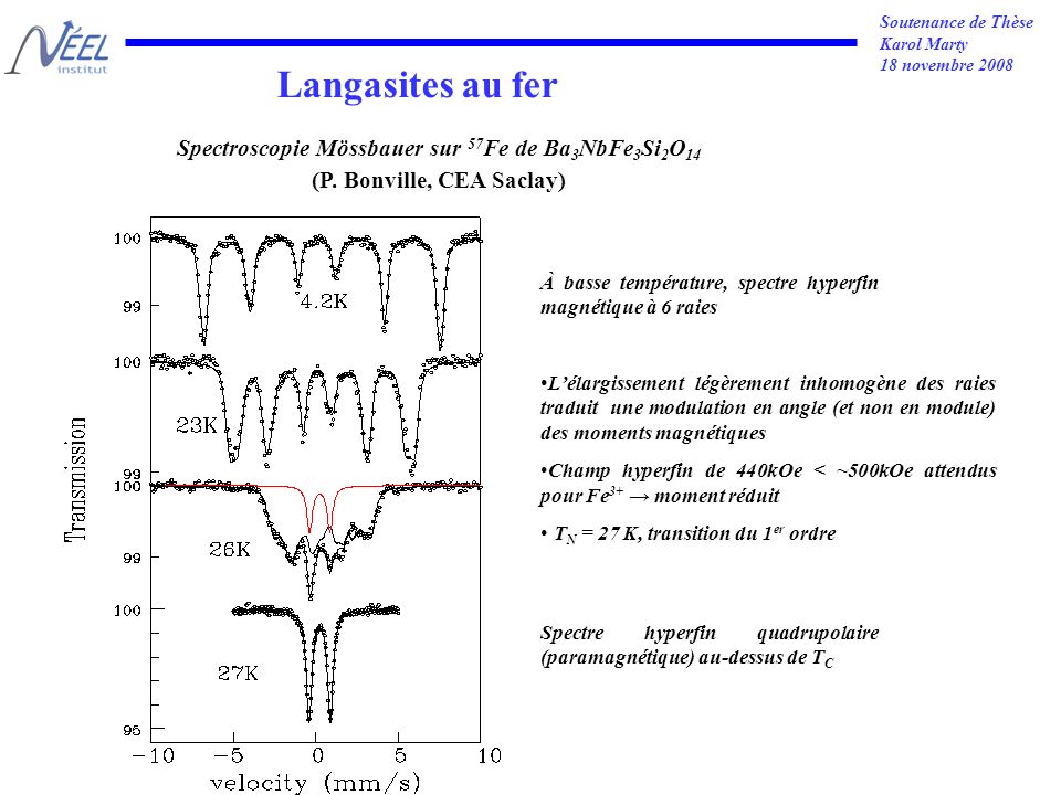 Soutenance de Thèse Karol Marty 18 novembre 2008 Spectroscopie Mössbauer sur 57 Fe de Ba 3 NbFe 3 Si 2 O 14 (P.