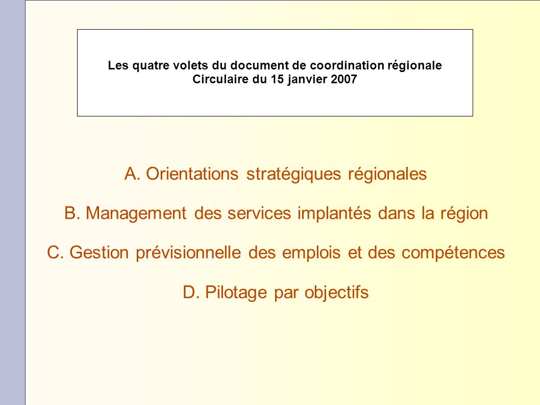 A. Orientations stratégiques régionales B. Management des services implantés dans la région C.