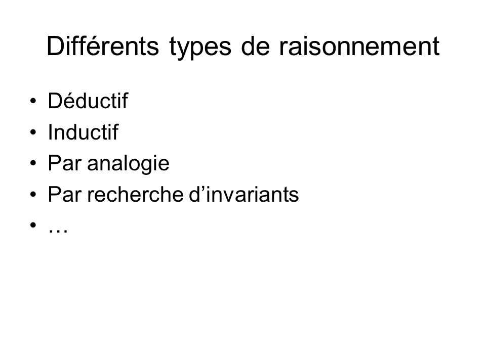 Différents types de raisonnement Déductif Inductif Par analogie Par recherche dinvariants …