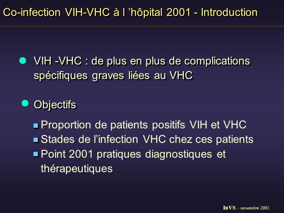 Co-infection VIH-VHC à l hôpital Introduction VIH -VHC : de plus en plus de complications spécifiques graves liées au VHC Objectifs VIH -VHC : de plus en plus de complications spécifiques graves liées au VHC Objectifs Proportion de patients positifs VIH et VHC Stades de linfection VHC chez ces patients Point 2001 pratiques diagnostiques et thérapeutiques InVS - novembre 2001