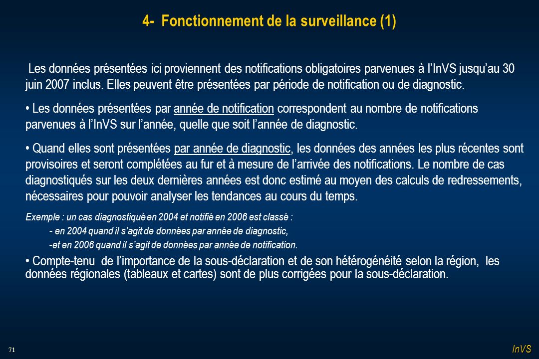 71 4- Fonctionnement de la surveillance (1) Les données présentées ici proviennent des notifications obligatoires parvenues à lInVS jusquau 30 juin 2007 inclus.