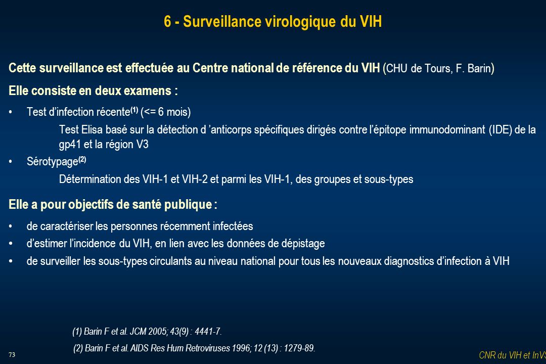 Surveillance virologique du VIH Cette surveillance est effectuée au Centre national de référence du VIH ( CHU de Tours, F.