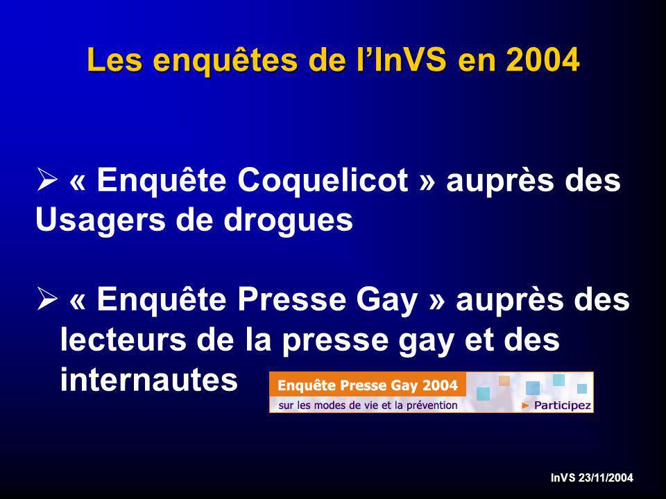 InVS 23/11/2004 Les enquêtes de lInVS en 2004 Ø « Enquête Coquelicot » auprès des Usagers de drogues Ø « Enquête Presse Gay » auprès des lecteurs de la presse gay et des internautes