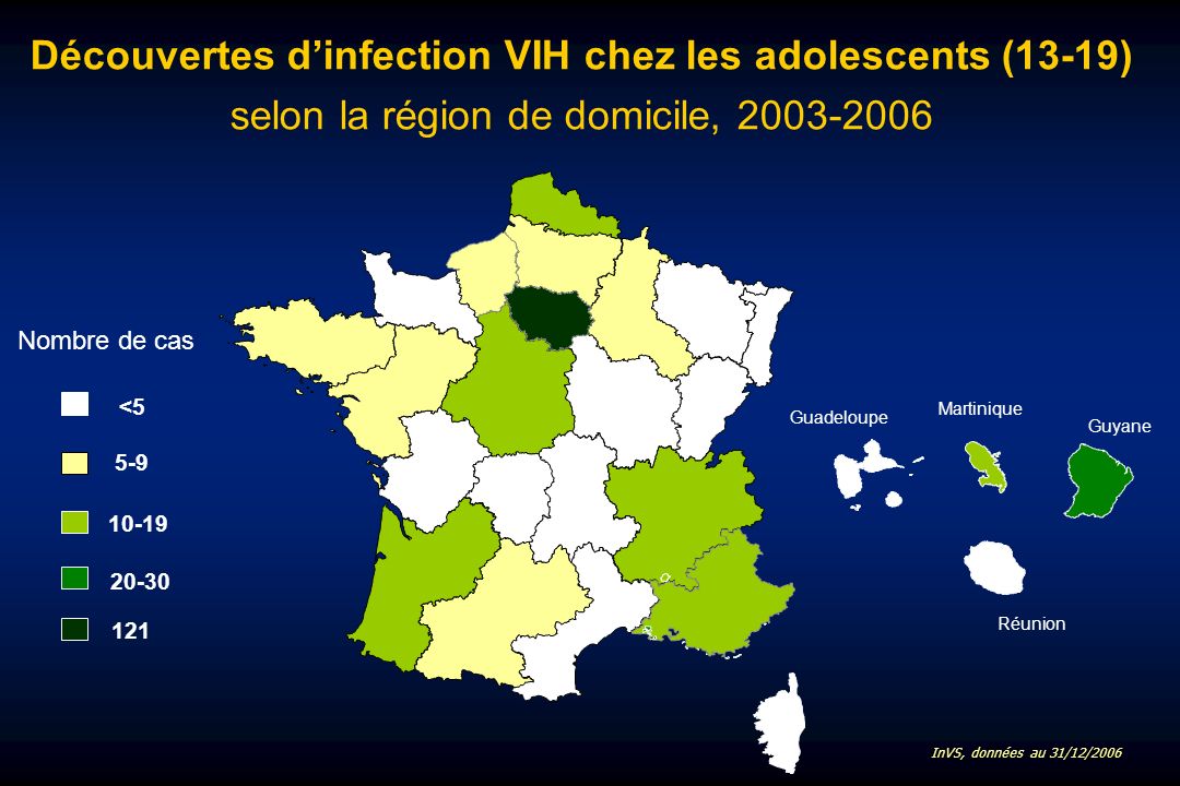 Découvertes dinfection VIH chez les adolescents (13-19) selon la région de domicile, Martinique Guadeloupe Guyane Réunion < Nombre de cas InVS, données au 31/12/2006