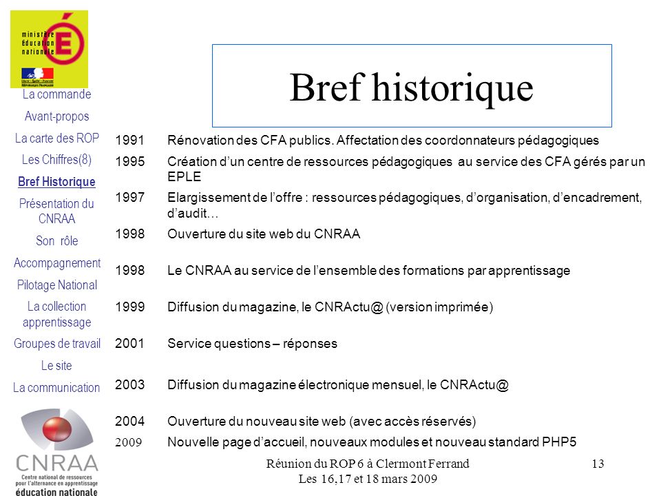 Bref historique 1991Rénovation des CFA publics.