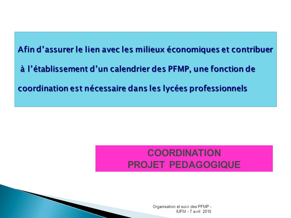 COORDINATION PROJET PEDAGOGIQUE Organisation et suivi des PFMP - IUFM - 7 avril 2010
