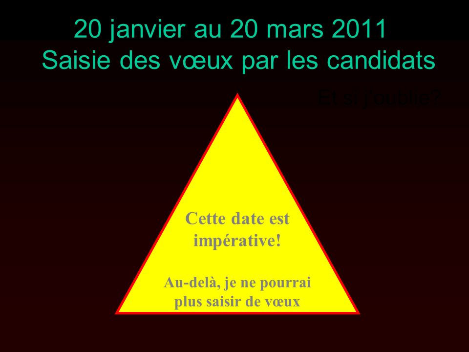 20 janvier au 20 mars 2011 Saisie des vœux par les candidats Et si joublie.