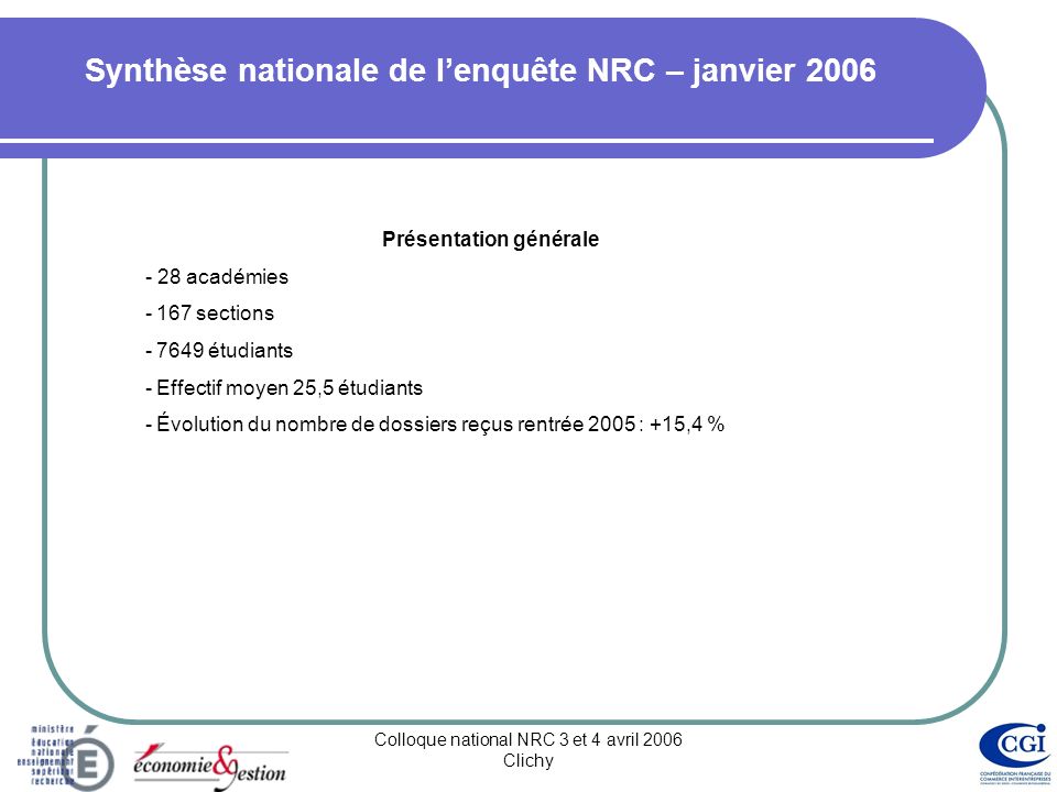 Colloque national NRC 3 et 4 avril 2006 Clichy Synthèse nationale de lenquête NRC – janvier 2006 ETAT DES LIEUX …