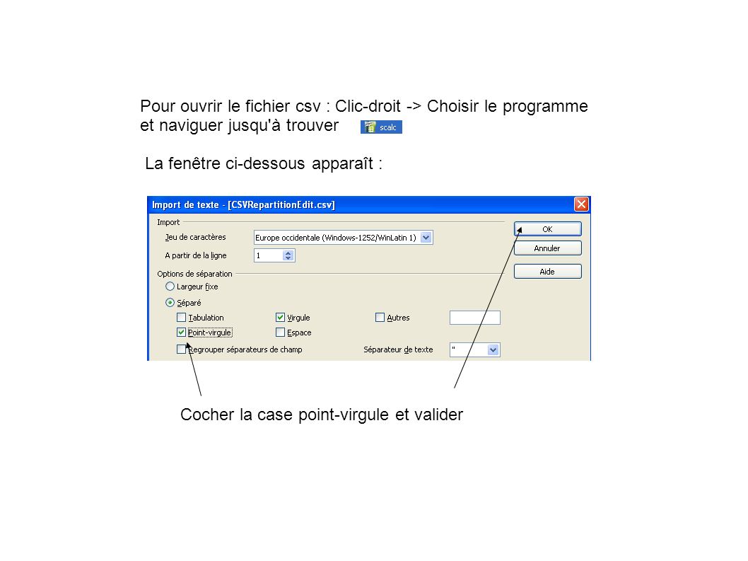 Pour ouvrir le fichier csv : Clic-droit -> Choisir le programme et naviguer jusqu à trouver La fenêtre ci-dessous apparaît : Cocher la case point-virgule et valider