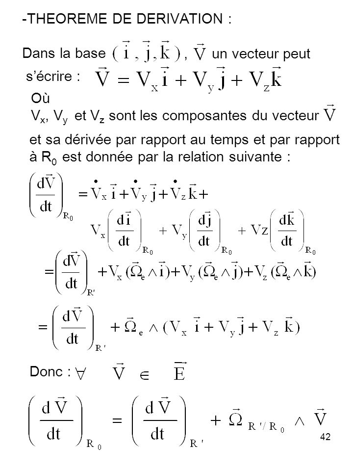 42 -THEOREME DE DERIVATION : Dans la base, un vecteur peut sécrire : et sa dérivée par rapport au temps et par rapport à R 0 est donnée par la relation suivante : Où V x, V y et V z sont les composantes du vecteur Donc :