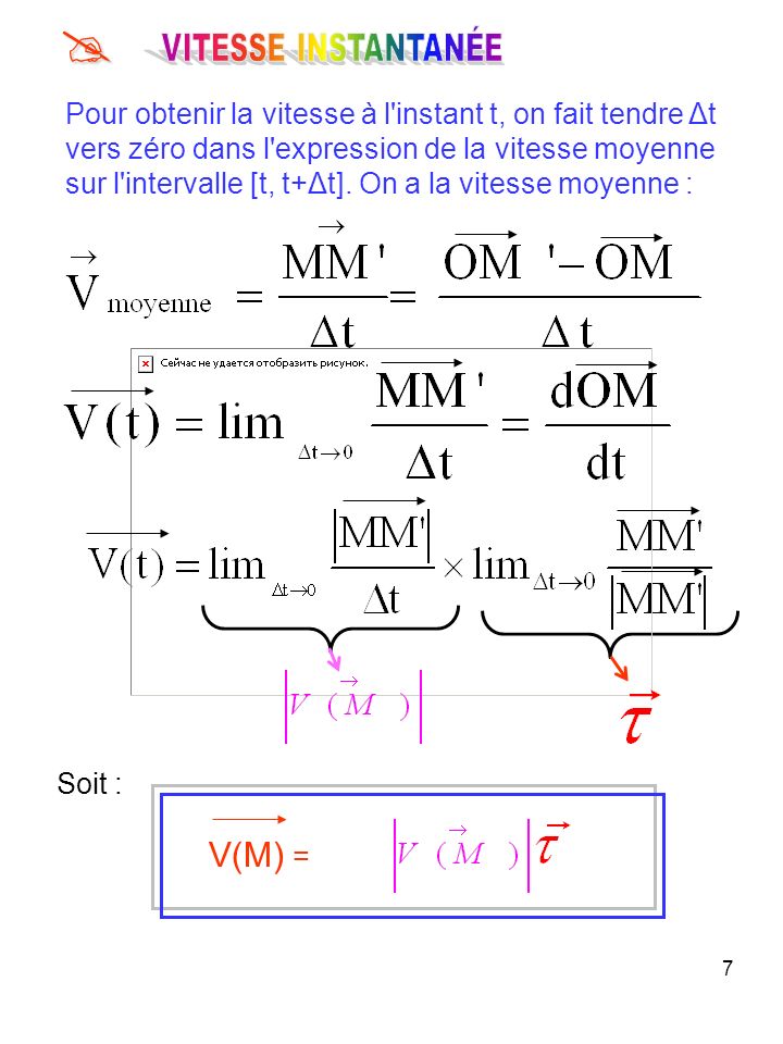 7 Pour obtenir la vitesse à l instant t, on fait tendre Δt vers zéro dans l expression de la vitesse moyenne sur l intervalle [t, t+Δt].