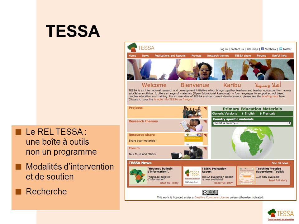 Le REL TESSA : une boîte à outils non un programme Modalités dintervention et de soutien Recherche TESSA
