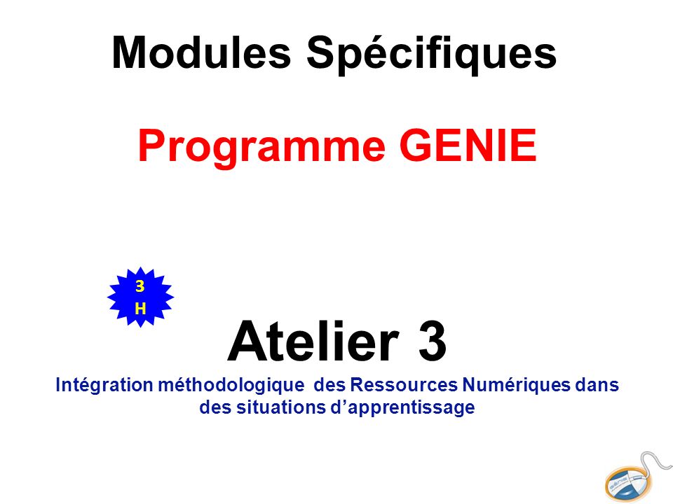 Modules Spécifiques Programme GENIE Atelier 3 Intégration méthodologique des Ressources Numériques dans des situations dapprentissage 3H3H