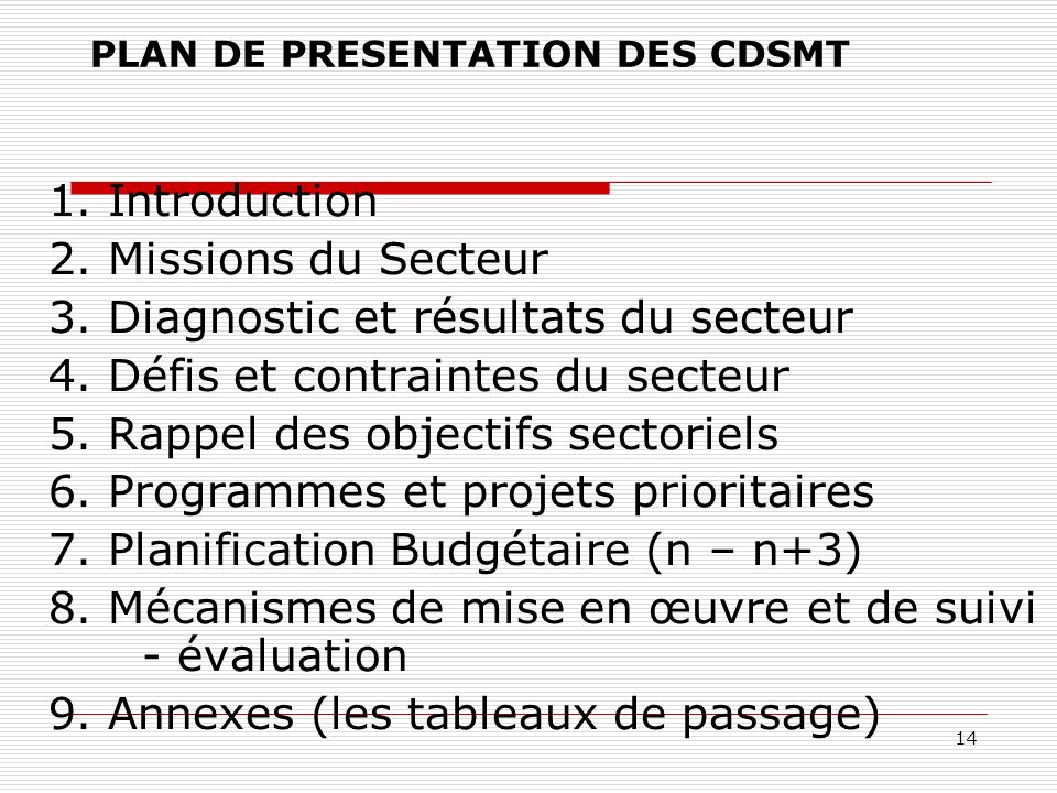 14 PLAN DE PRESENTATION DES CDSMT 1. Introduction 2.