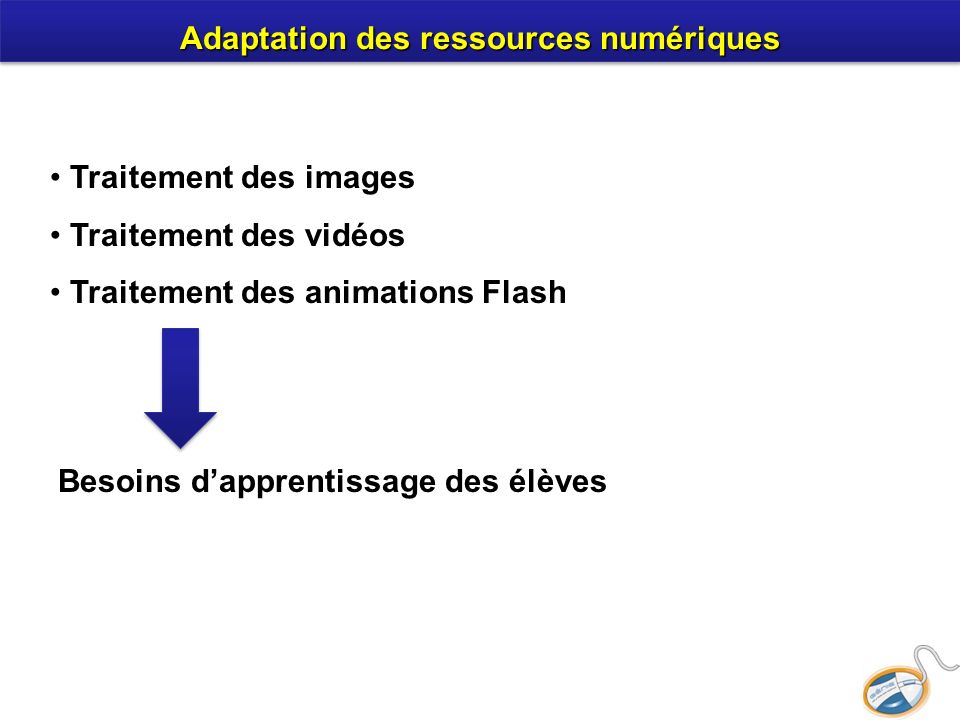 Adaptation des ressources numériques Traitement des images Traitement des vidéos Traitement des animations Flash Besoins dapprentissage des élèves