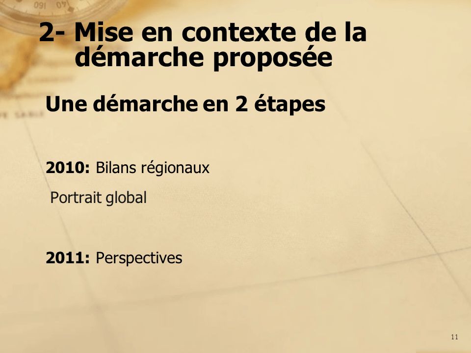 2- Mise en contexte de la démarche proposée Une démarche en 2 étapes 2010: Bilans régionaux Portrait global 2011: Perspectives 11
