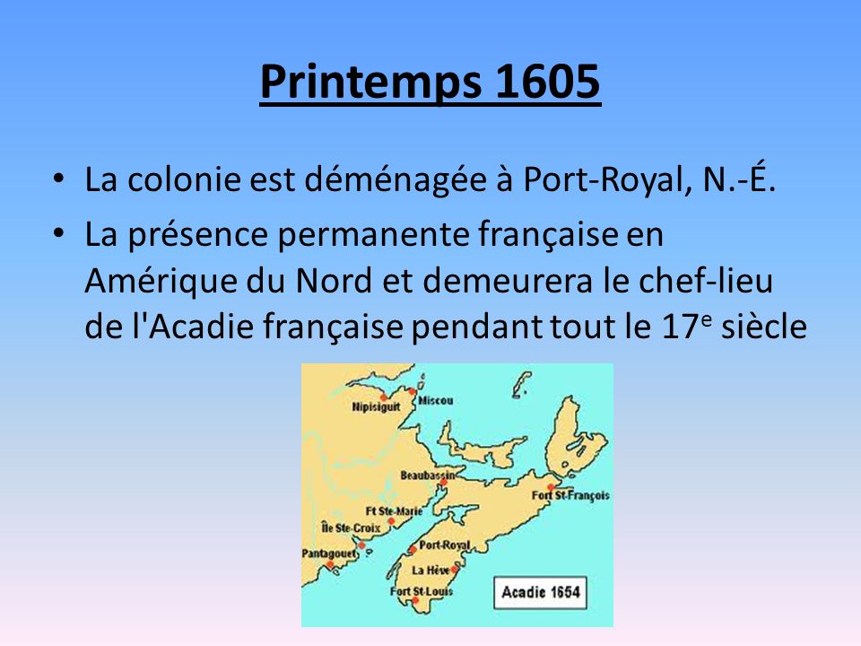 Printemps 1605 La colonie est déménagée à Port-Royal, N.-É.