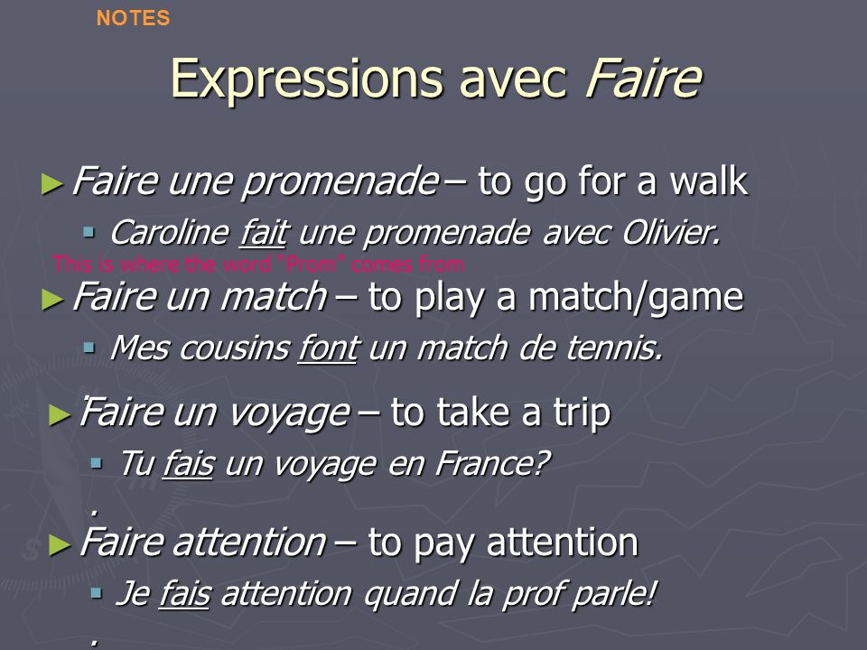 Expressions avec Faire Faire une promenade – to go for a walk Faire une promenade – to go for a walk Caroline fait une promenade avec Olivier.