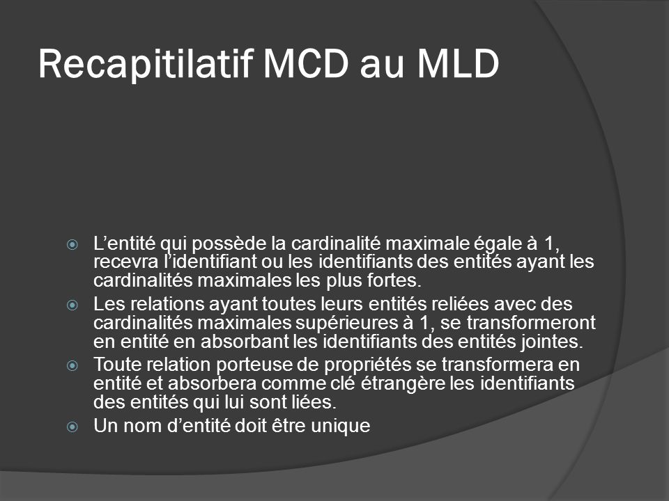 Recapitilatif MCD au MLD Lentité qui possède la cardinalité maximale égale à 1, recevra lidentifiant ou les identifiants des entités ayant les cardinalités maximales les plus fortes.