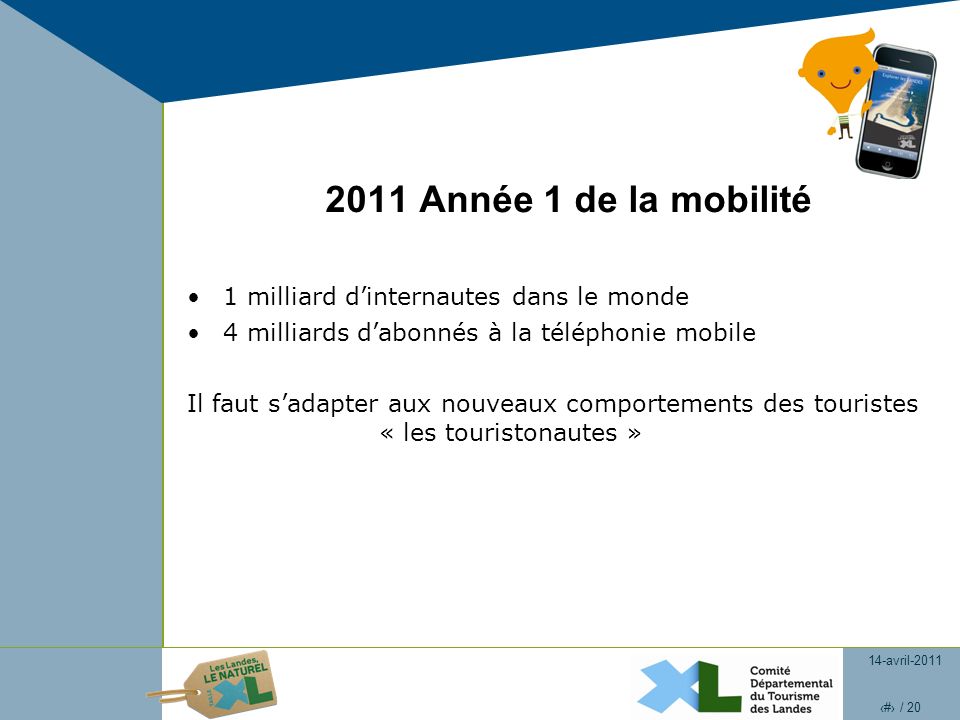 14-avril / Année 1 de la mobilité 1 milliard dinternautes dans le monde 4 milliards dabonnés à la téléphonie mobile Il faut sadapter aux nouveaux comportements des touristes « les touristonautes »