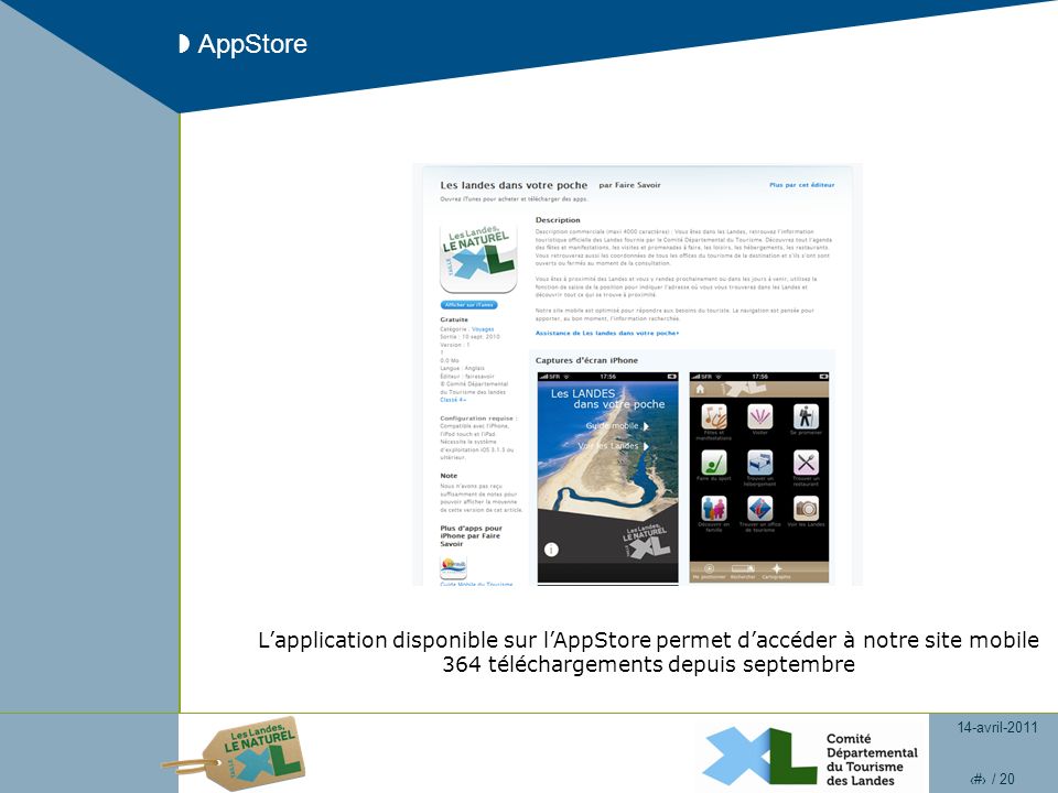 14-avril / 20 AppStore Lapplication disponible sur lAppStore permet daccéder à notre site mobile 364 téléchargements depuis septembre