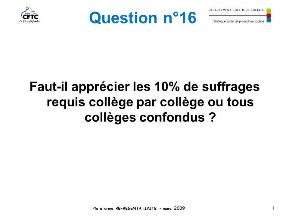 Question n°16 Faut-il apprécier les 10% de suffrages requis collège par collège ou tous collèges confondus .