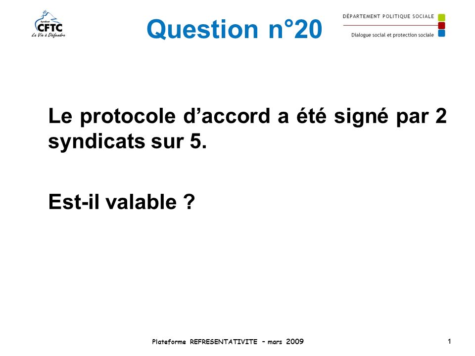 Question n°20 Le protocole daccord a été signé par 2 syndicats sur 5.