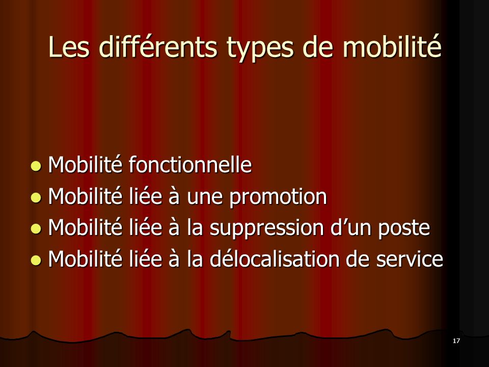 17 Les différents types de mobilité Mobilité fonctionnelle Mobilité fonctionnelle Mobilité liée à une promotion Mobilité liée à une promotion Mobilité liée à la suppression dun poste Mobilité liée à la suppression dun poste Mobilité liée à la délocalisation de service Mobilité liée à la délocalisation de service
