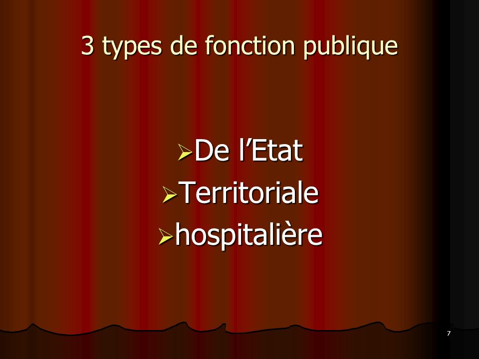 7 3 types de fonction publique De lEtat De lEtat Territoriale Territoriale hospitalière hospitalière