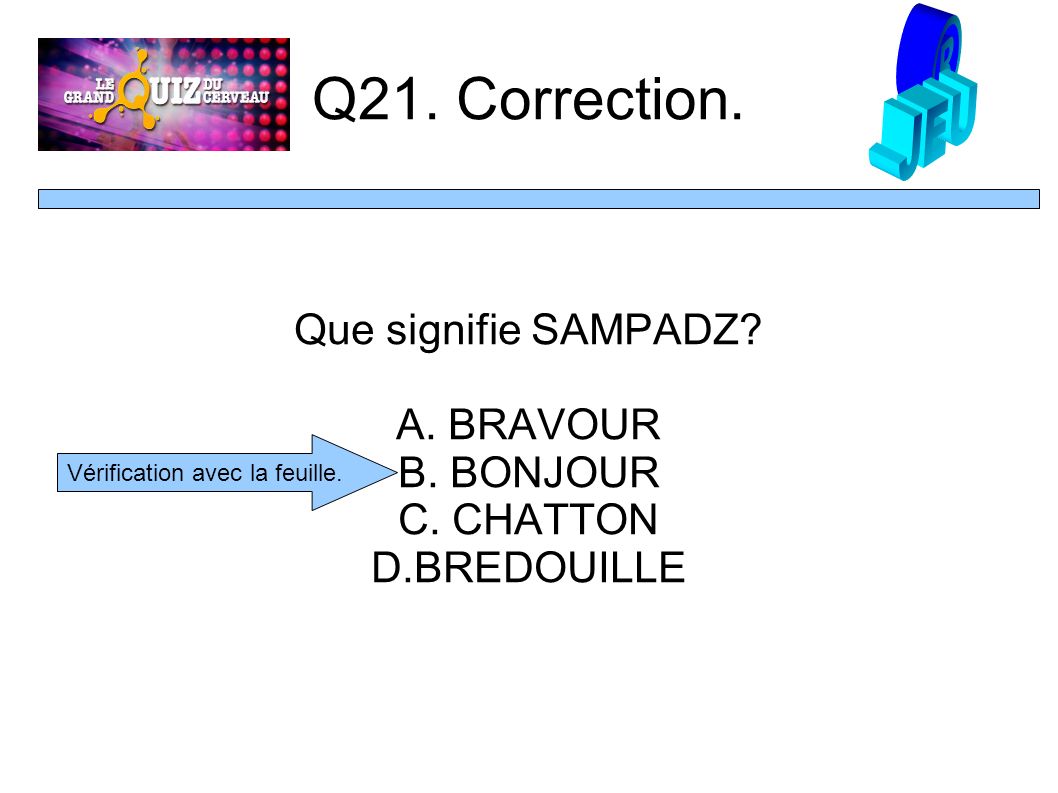Q21. Correction. Que signifie SAMPADZ. A. BRAVOUR B.