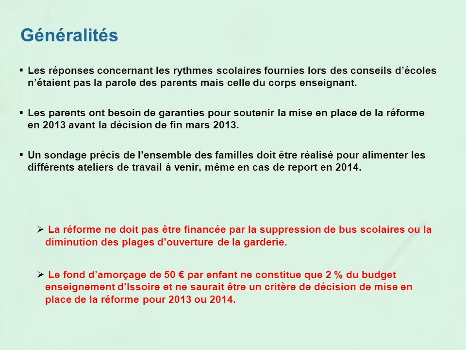 Propositions pour la réforme des rythmes scolaires à Issoire 19 Mars 2013
