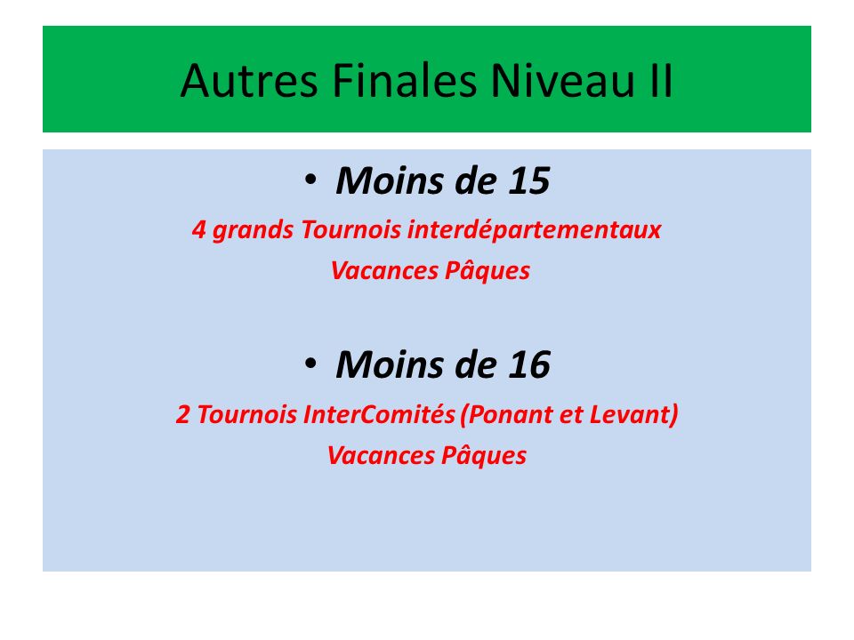 La Journée de la Formation Française Le week-end de la finale Top 14 à Paris 29 Mai 6 Finales Finales Niveaux III et Finales Niveaux II Moins de 17 Niveaux II et III (2 Finales) Moins de 18 Niveaux II et III (2 Finales) Moins de 19 Niveaux II et III (2 Finales)