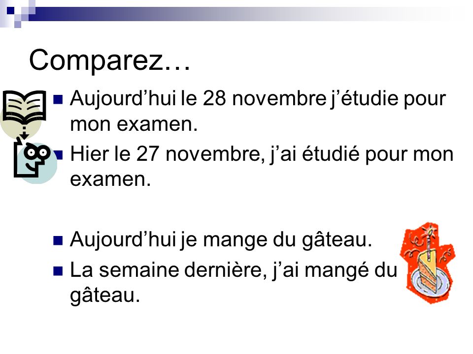 Comparez… Aujourdhui le 28 novembre jétudie pour mon examen.