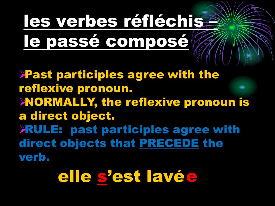 les verbes réfléchis – le passé composé elle sest lavé e Past participles agree with the reflexive pronoun.