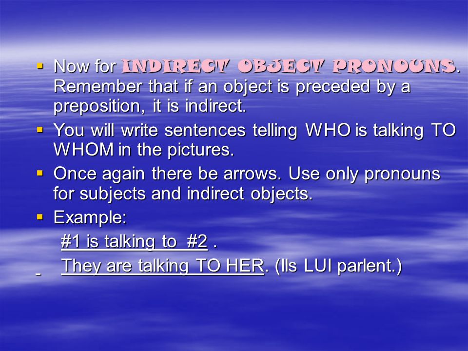 Now for INDIRECT OBJECT PRONOUNS.