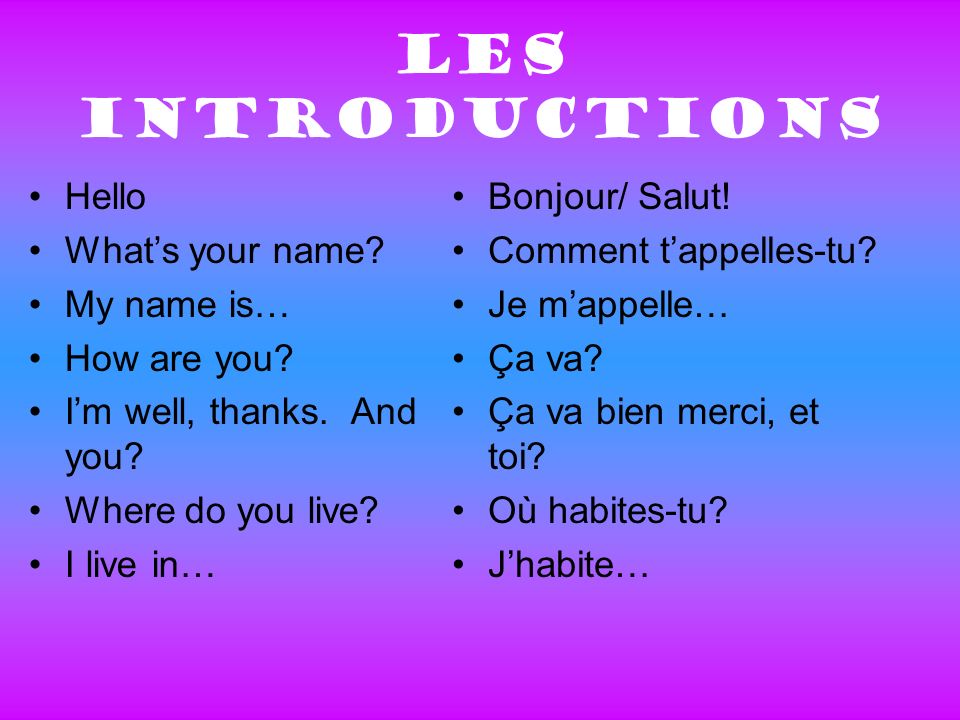 Les introductions Hello Whats your name. My name is… How are you.
