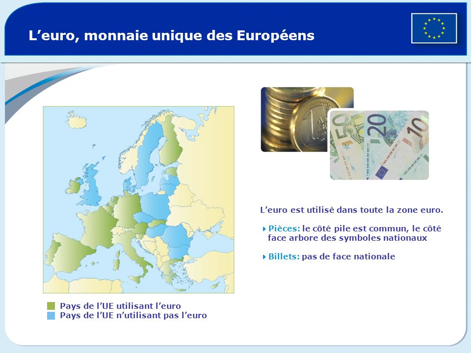 Leuro, monnaie unique des Européens Pays de lUE utilisant leuro Pays de lUE nutilisant pas leuro Leuro est utilisé dans toute la zone euro.
