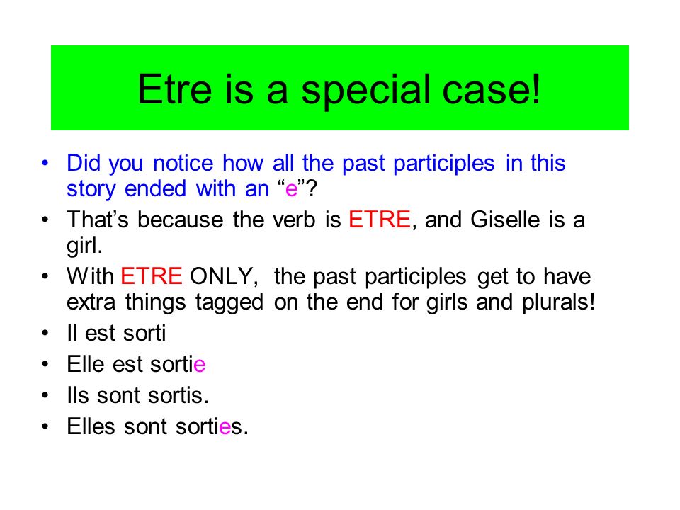 Etre is a special case. Did you notice how all the past participles in this story ended with an e.