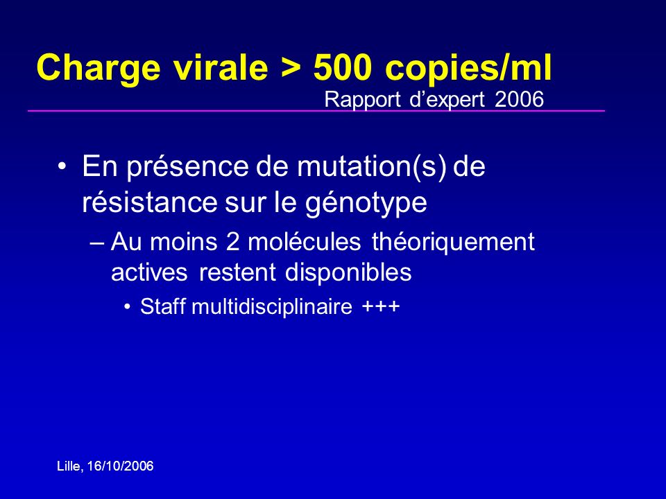 Lille, 16/10/2006 Charge virale > 500 copies/ml En présence de mutation(s) de résistance sur le génotype –Au moins 2 molécules théoriquement actives restent disponibles Staff multidisciplinaire +++ Rapport dexpert 2006