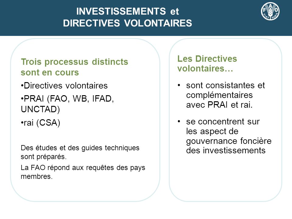 Trois processus distincts sont en cours Directives volontaires PRAI (FAO, WB, IFAD, UNCTAD) rai (CSA) Des études et des guides techniques sont préparés.