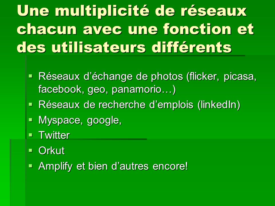 Une multiplicité de réseaux chacun avec une fonction et des utilisateurs différents Réseaux déchange de photos (flicker, picasa, facebook, geo, panamorio…) Réseaux déchange de photos (flicker, picasa, facebook, geo, panamorio…) Réseaux de recherche demplois (linkedIn) Réseaux de recherche demplois (linkedIn) Myspace, google, Myspace, google, Twitter Twitter Orkut Orkut Amplify et bien dautres encore.