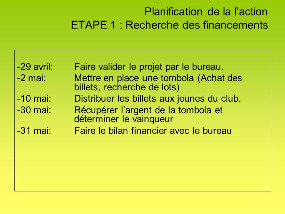 Planification de la laction ETAPE 1 : Recherche des financements -29 avril: Faire valider le projet par le bureau.
