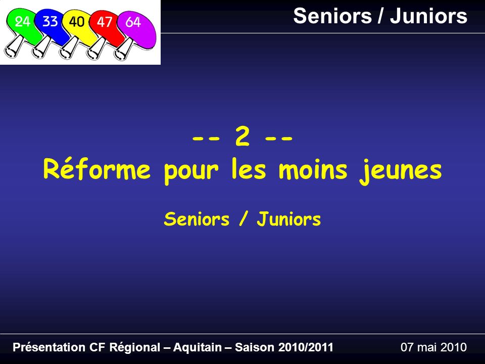 Présentation CF Régional – Aquitain – Saison 2010/ mai Réforme pour les moins jeunes Seniors / Juniors