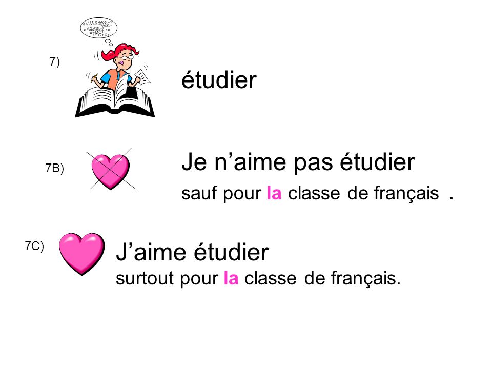 7) étudier Je naime pas étudier sauf pour la classe de français.