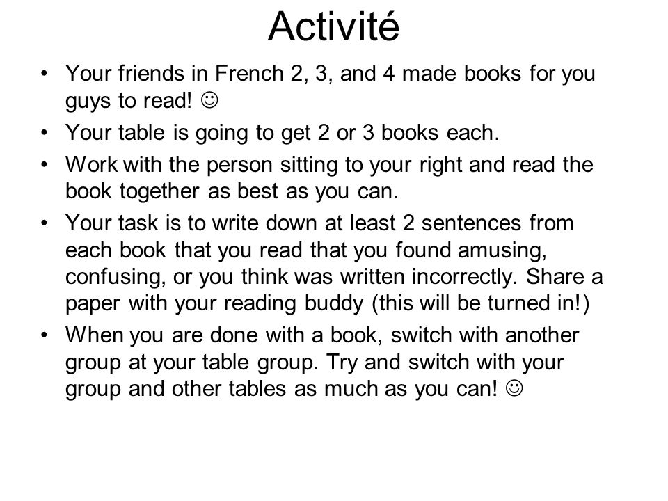 Activité Your friends in French 2, 3, and 4 made books for you guys to read.