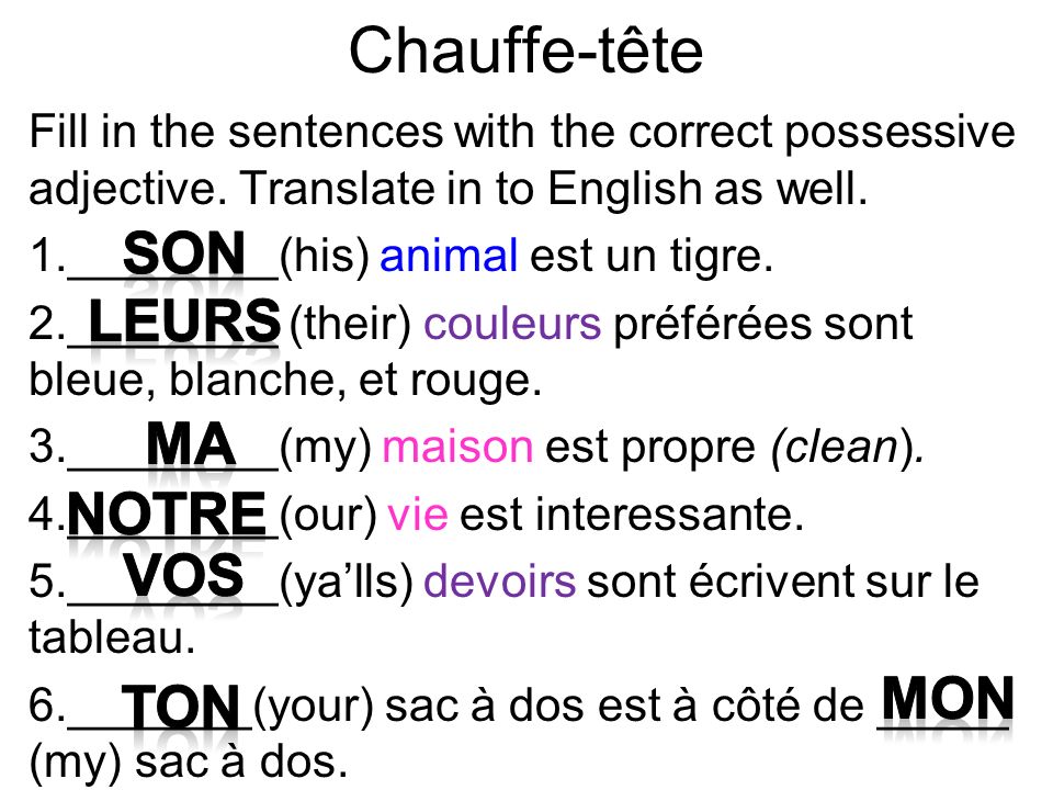 Chauffe-tête Fill in the sentences with the correct possessive adjective.